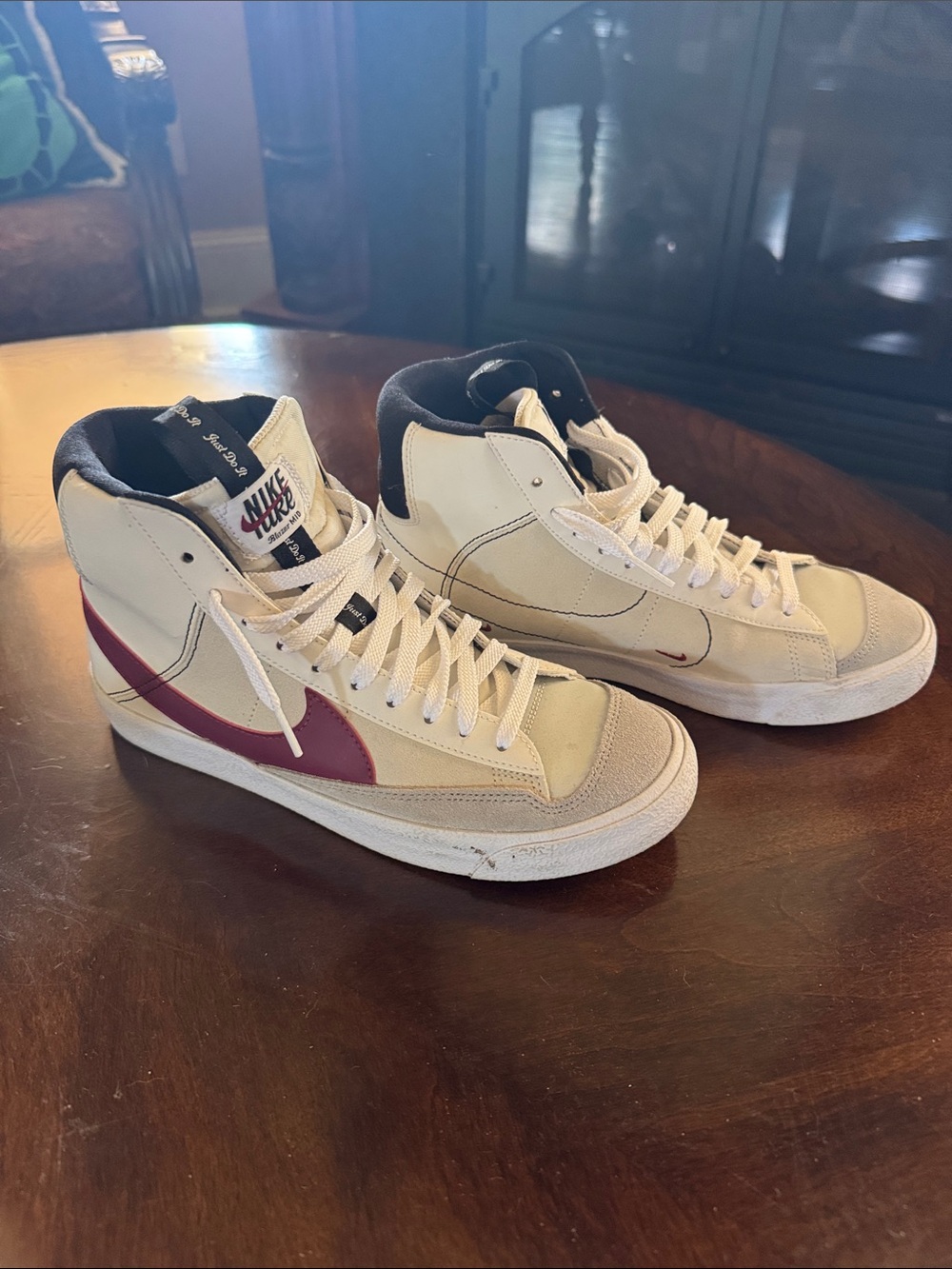 Nike Men’s High-Top Sneakers in Cream with Maroon Swoosh